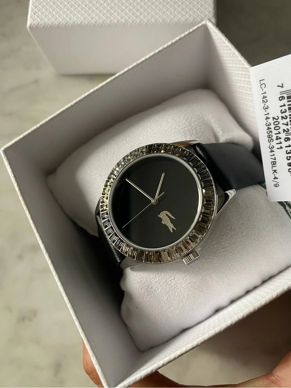 Lacoste Ladycroc 2001411 Women’s Watch Black Leather Band Crystal Bezel 36.5mm